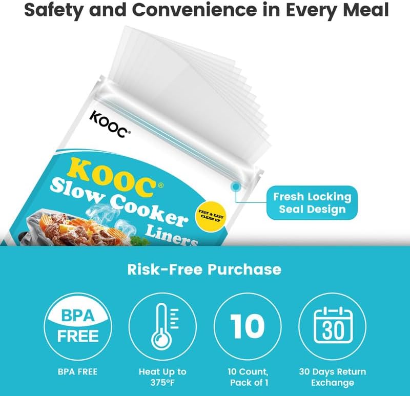 KOOC Slow Cooker Liners 10"x13" 10 count Small Size Disposable Pot Liners Cooking Bags Fit 1.5 qt to 2 qt Pot BPA Free Fresh Locking Seal Design - Image 2